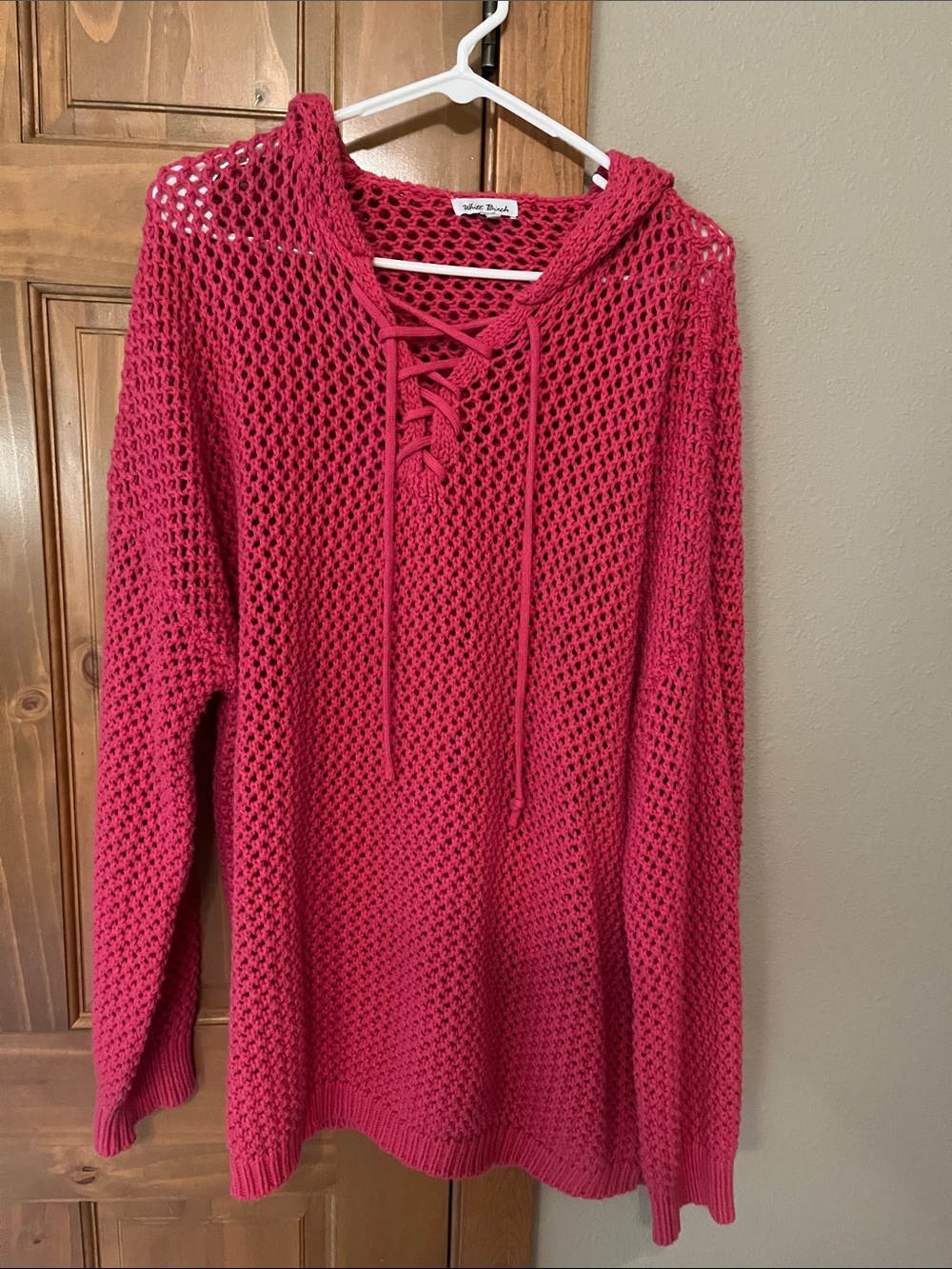 white birch Lace-Up Open Knit Hooded Sweater - Hot Pink